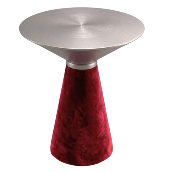 Nefertiti cocktail table silver top with red velvet base rental